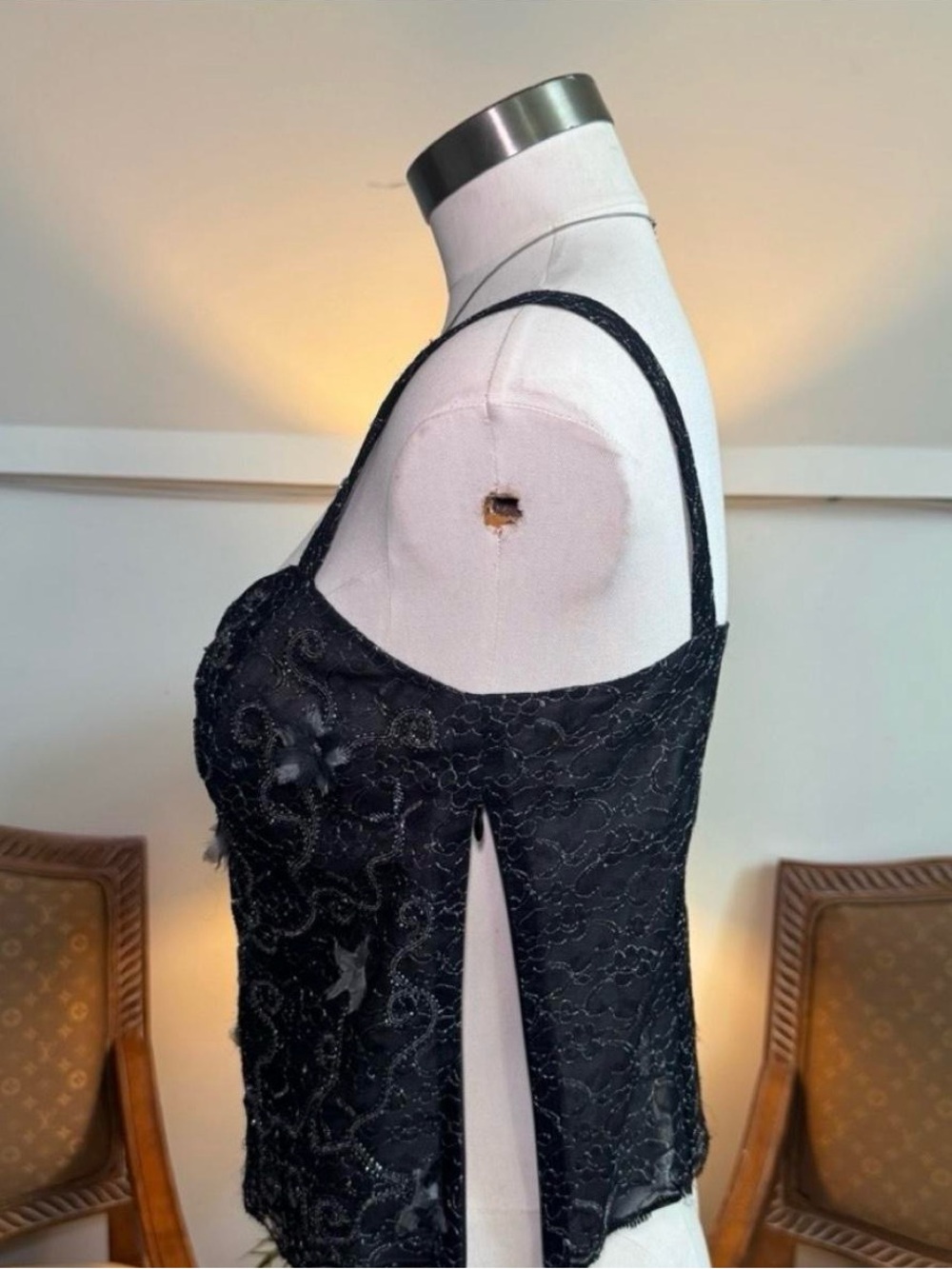 Vintage 90s/y2k Black Lace Floral Fairy Beaded Embellished Top - Picture 3 of 6